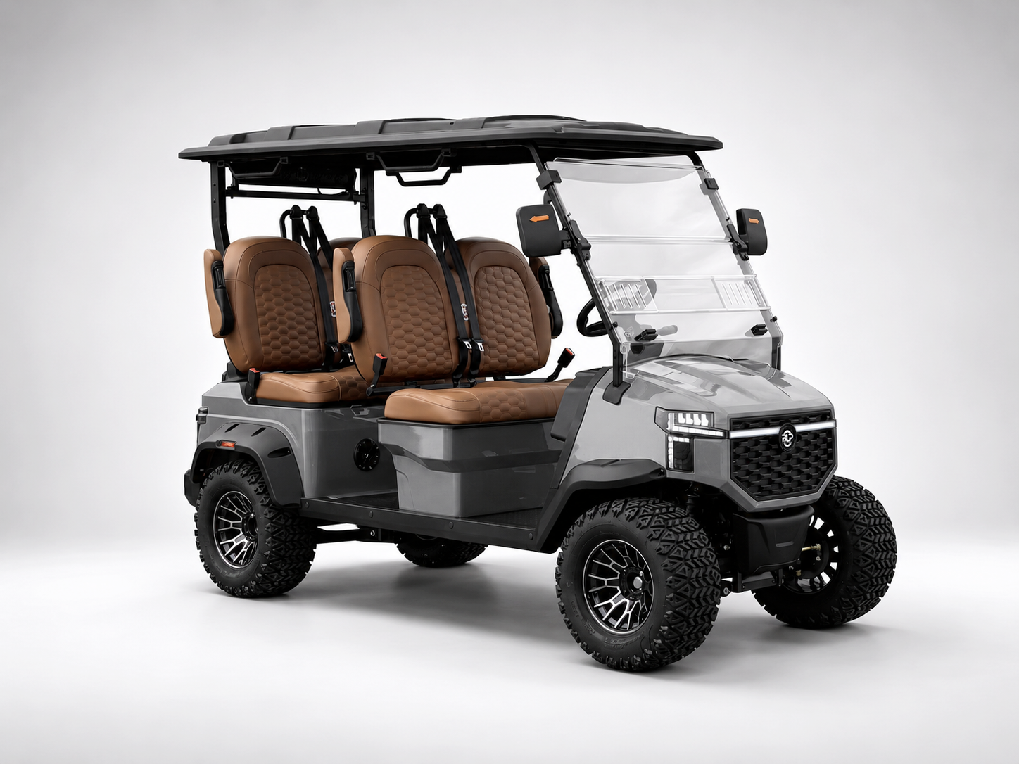 BLP Zevo golf cart, tan seats, gray body, four passengers